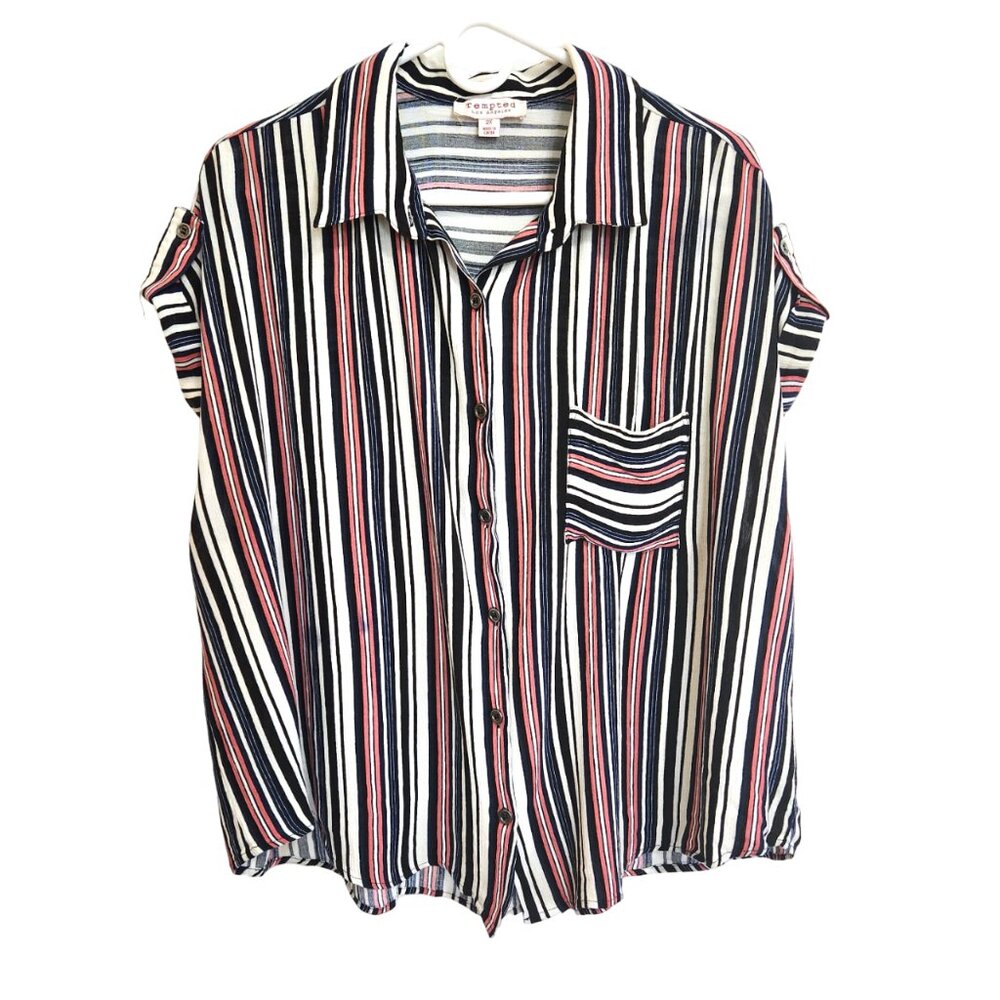 Tempted Cap Roll Tab Sleeves Collared Button Up Striped Blouse Size 2X